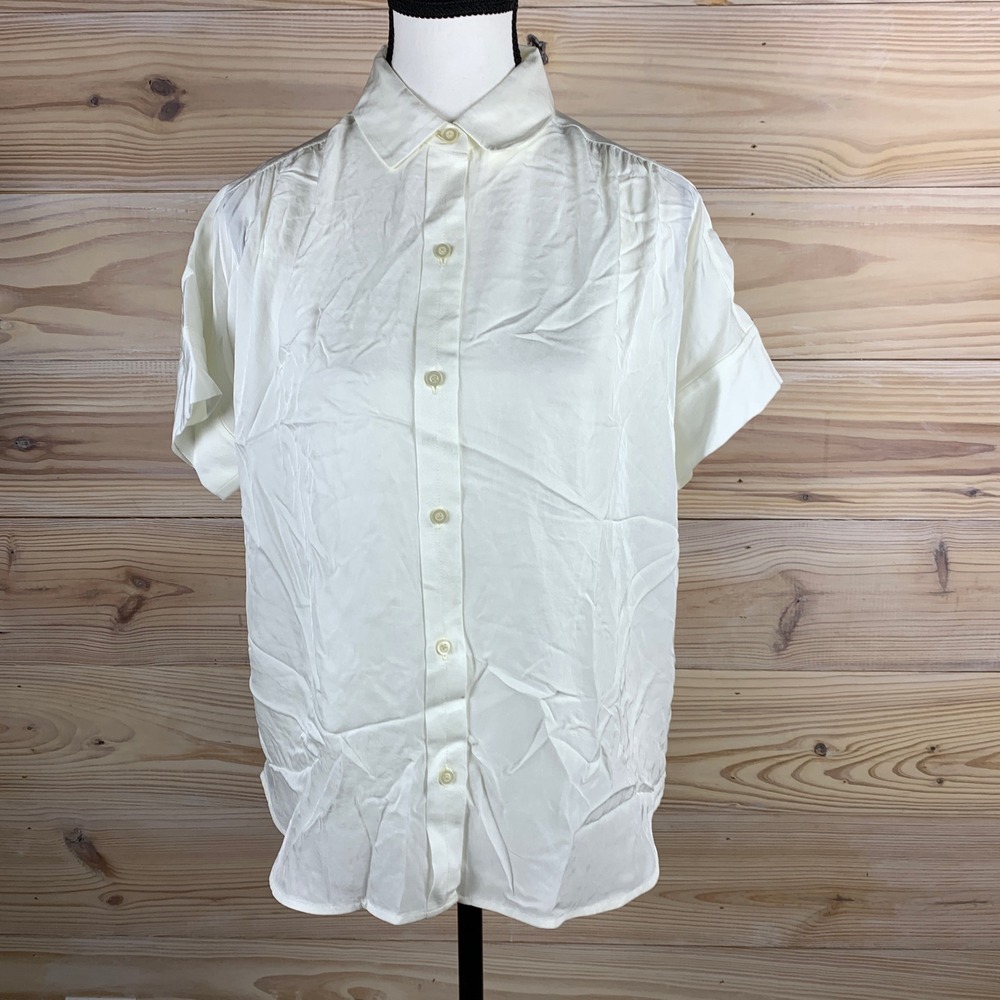 Everlane Button Up Shirt Womens XL Off White Short Sleeve Triacetate Minimalist